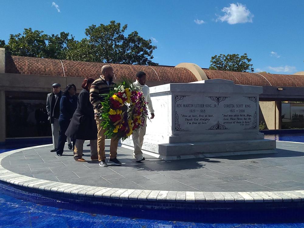 Family members place a wreath near the crypt of Dr. Martin Luther King Jr. and Coretta Scott King at the King Center in Atlanta on April 4, 2024, 56 years after MLK was assassinated.