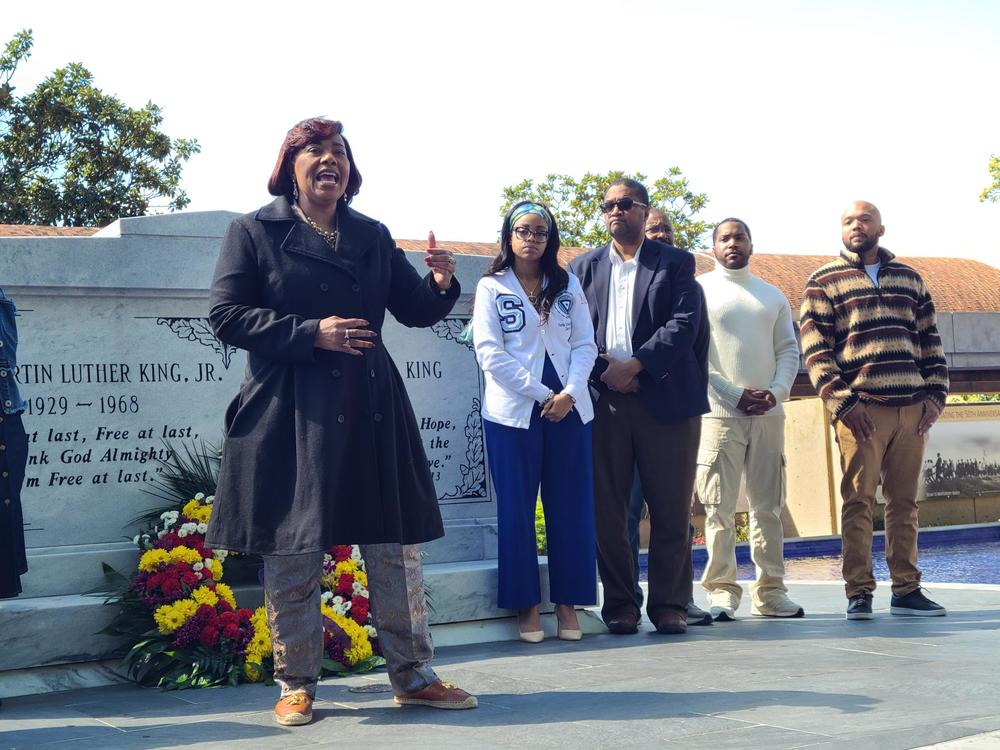 Bernice King, CEO of the King Center, speaks in front of her parents' crypt on April 4, 2024 to mark 56 years since her father was assassinated.