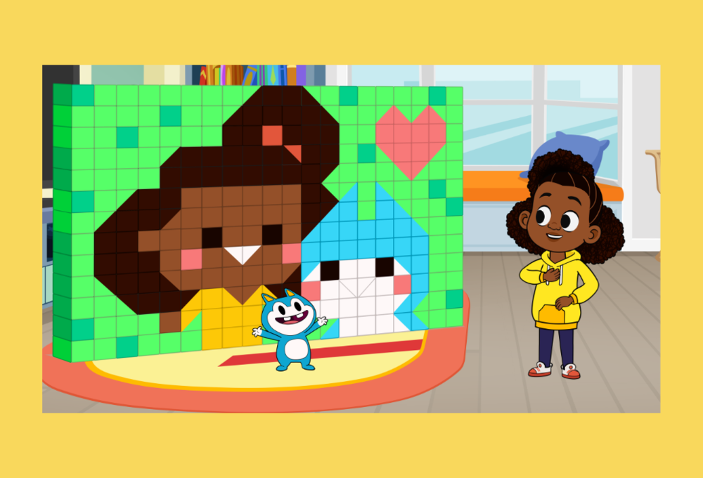 Stu Shows Lyla a portrait of himself and Lyla that he made out of blocks that features a heart above their heads