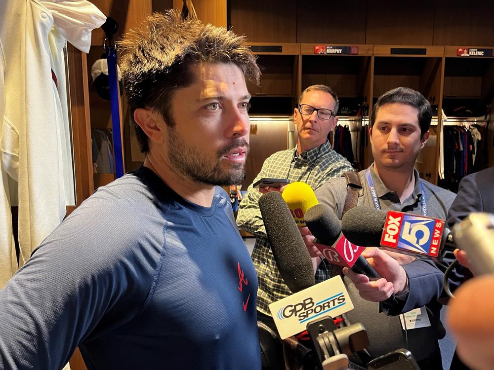 Braves catcher Travis d'Arnaud speaks with reporters in the Braves clubhouse Monday, April 22, 2024.