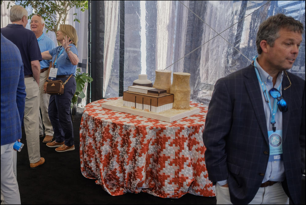 A cake in the shape of the new AP1000 units at the side of the celebratory luncheon for Plant Vogtle Units 3 and 4.  
