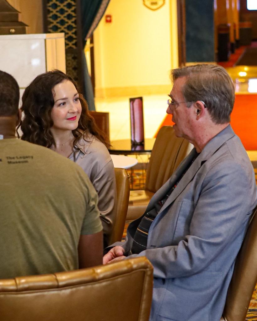 Maeve Moynihan (left) listens to Richard Thomas (right) during an interview the GPB at the Fox Theatre on May 8, 2024.