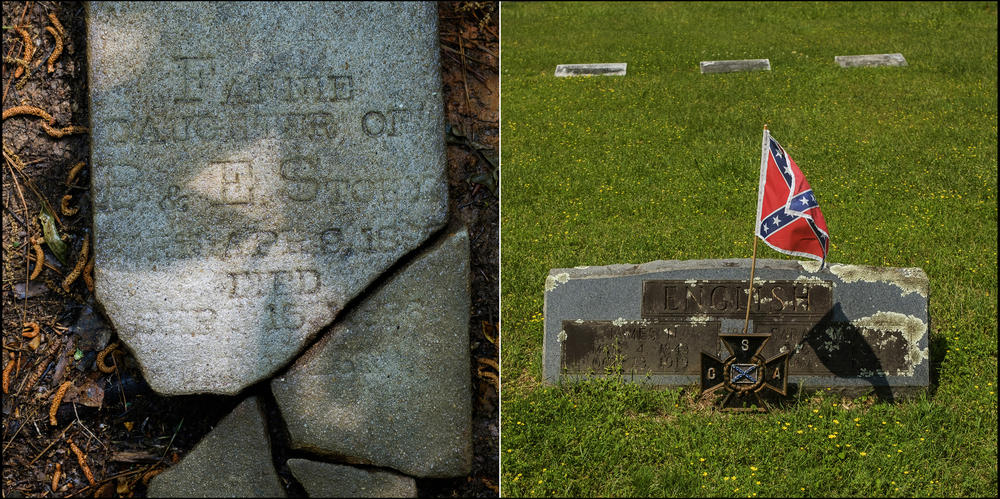 Fannie Story's late 19th century headstone, left, and a headstone in the white side of the Penfield Cemetery, photographed on the same day in April.