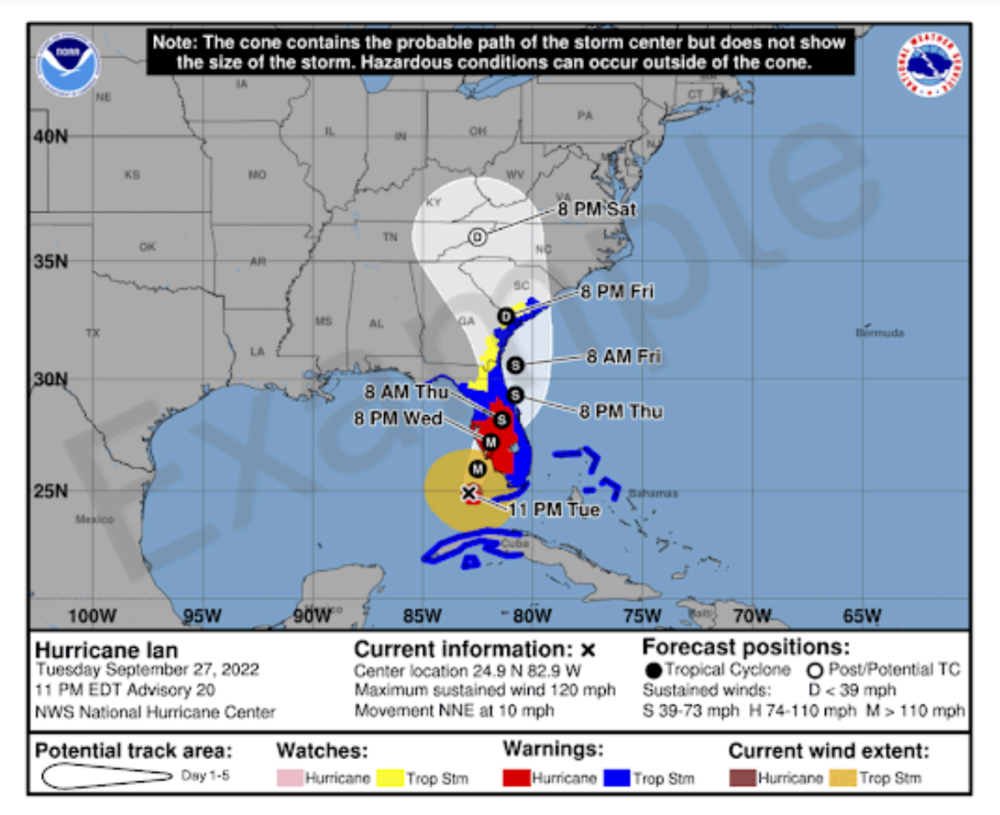 An example graphic showing NOAA's newly enhanced cone forecast.
