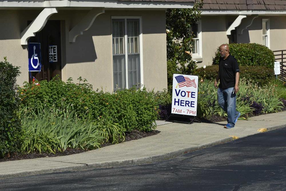 A voter walks into Holy Trinity Lutheran Church in Cobb County Tuesday on the last day to vote in the primary election.