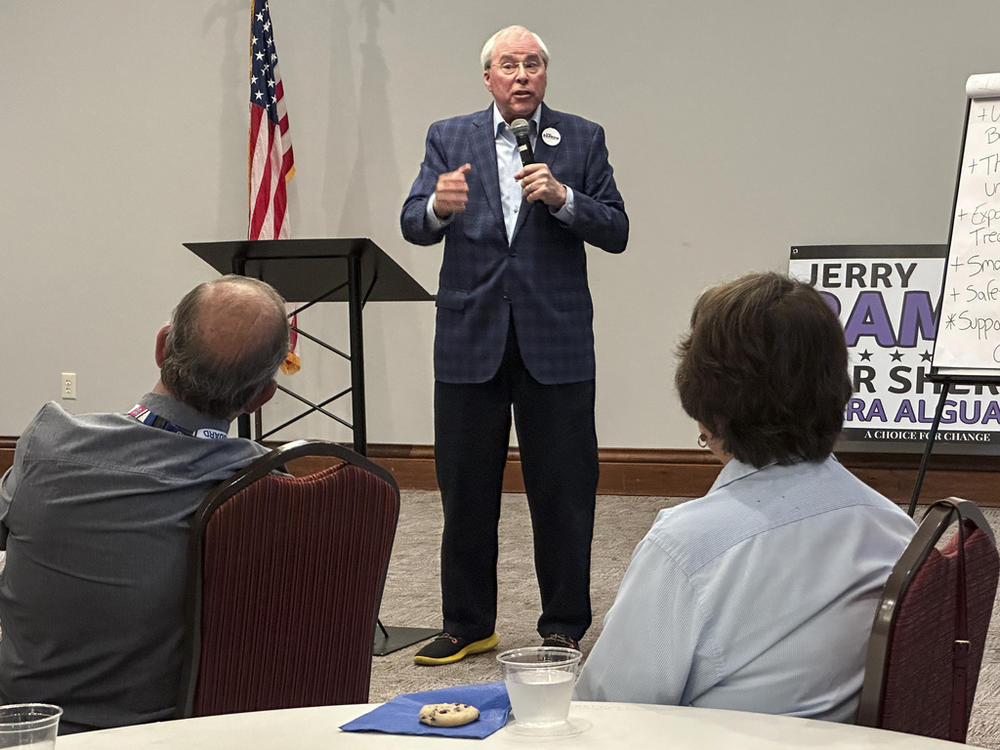 John Barrow speaks to a Democratic group in Hoschton, Ga., on Monday, April 15, 2024, seeking support in his race for the Georgia Supreme Court. Barrow is basing his campaign for the high court around his support for abortion rights as he challenges incumbent Justice Andrew Pinson in a nonpartisan election in May.