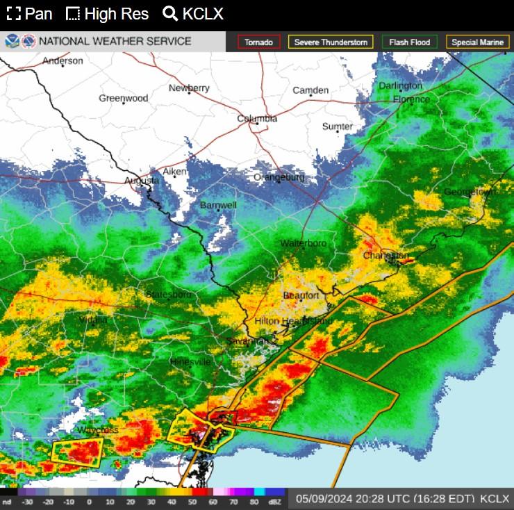 A radar image taken from the National Weather Service shows strong storms in Southeast Georgia on May 9th, 2024.