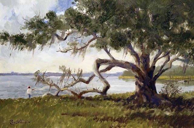 A painting depicting a calm marshy scene with a large oak tree and a fisherman is shown.