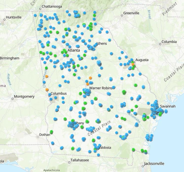Blue dots indicate sites to be tested for PFAS in water supply. Green indicates tested locations with acceptable levels of PFAS. Orange indicates unacceptable levels found.