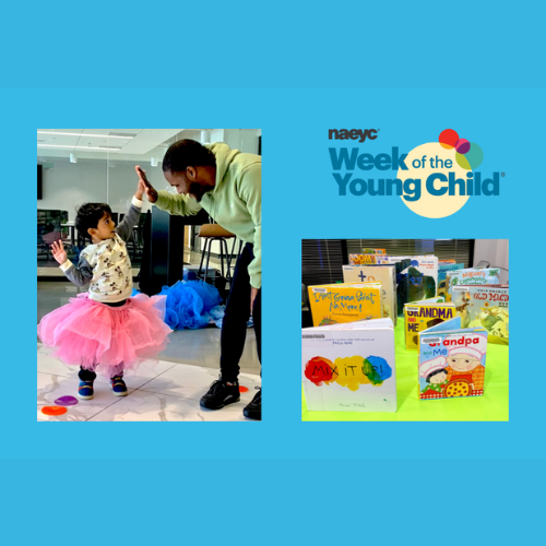 Child gives a high five to a ballet instructor. In a separate photo, books are stood up for families to see.