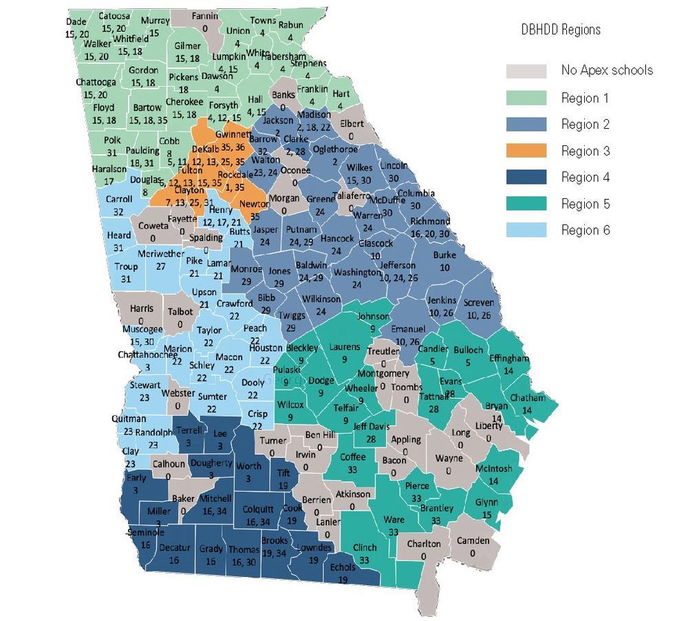 A map of Apex providers in Georgia's six regions as designated by different colors.