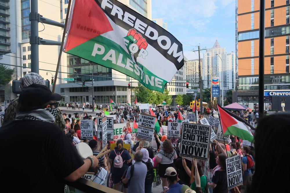 Protestors in support of Palestine rally in Midtown Atlanta on June 27, 2024.