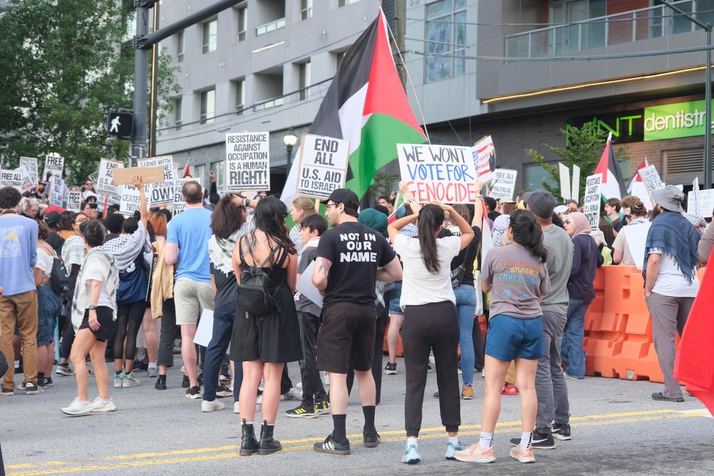 Protestors in support of Palestine rally in Midtown Atlanta on June 27, 2024.