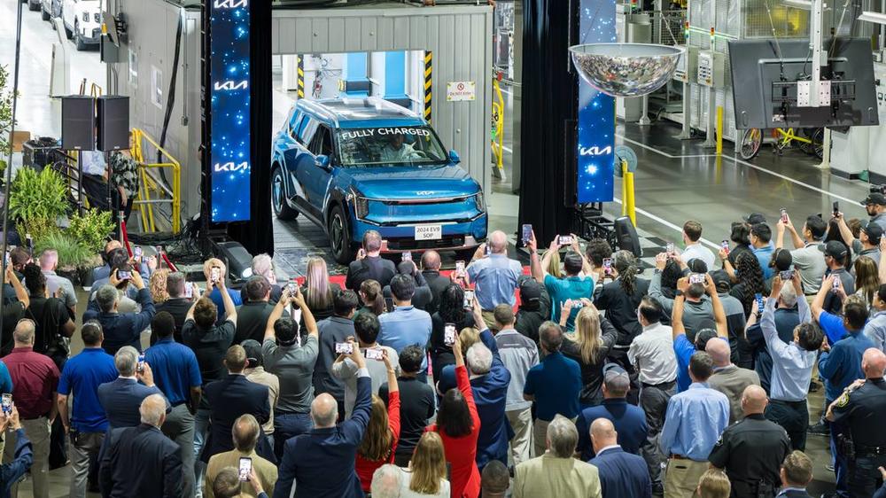 Gov. Brian Kemp driving the all-electric EV-9 at the West Point manufacturing facility on May 30, 2024. Kia Georgia