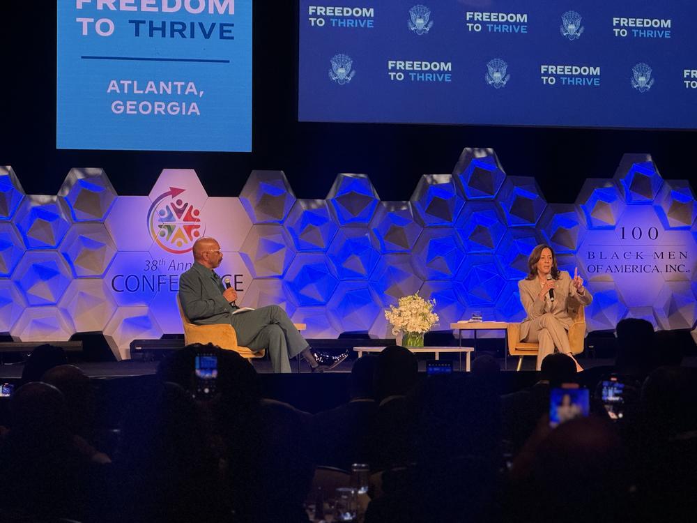 Steve Harvey (left) and Vice President Kamala Harris (right) in Atlanta