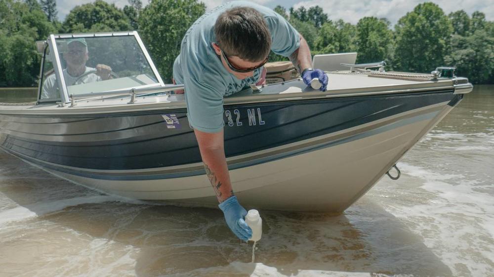 Ashley Desensi, Technical Programs Specialist for the Chattahoochee Riverkeeper taking samples of E.Coli bacteria at the wastewater treatment plant outfall in Chattahoochee River on June 4, 2024. Chattahoochee Riverkeeper