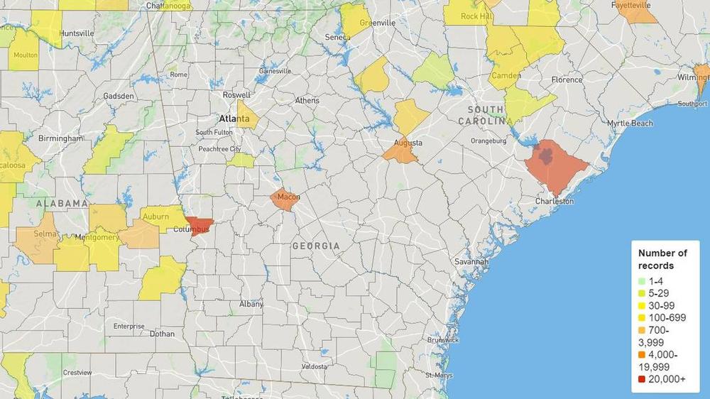 This map from Ancestry, one of the world’s largets genealogy companies, shows the number of records found in different Georgia regions for the company’s project to find newspaper records on enslaved people. More than 22,000 former enslaved people’s names were found in Columbus records, the company says. (Ancestry)