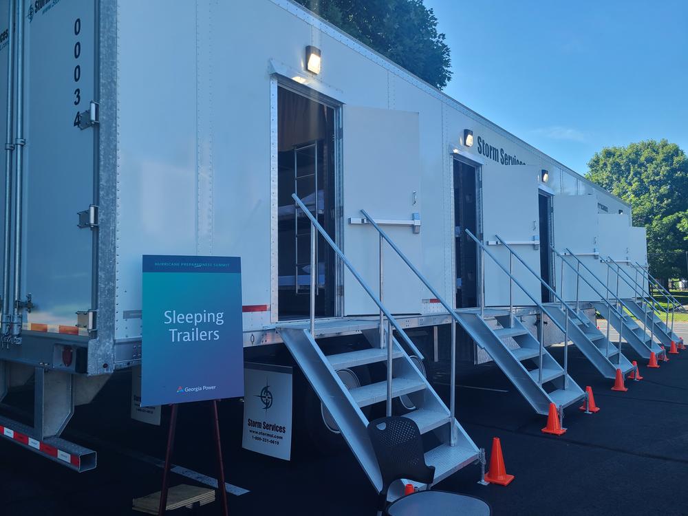 Sleep Trailers are part of the staging area set up and hold enough beds for 30 linemen.