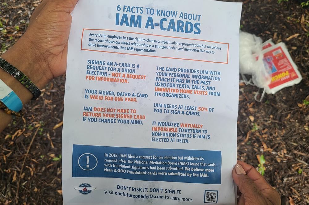A flier distributed to employees by Delta Air Lines warning them against signing union authorization cards. 