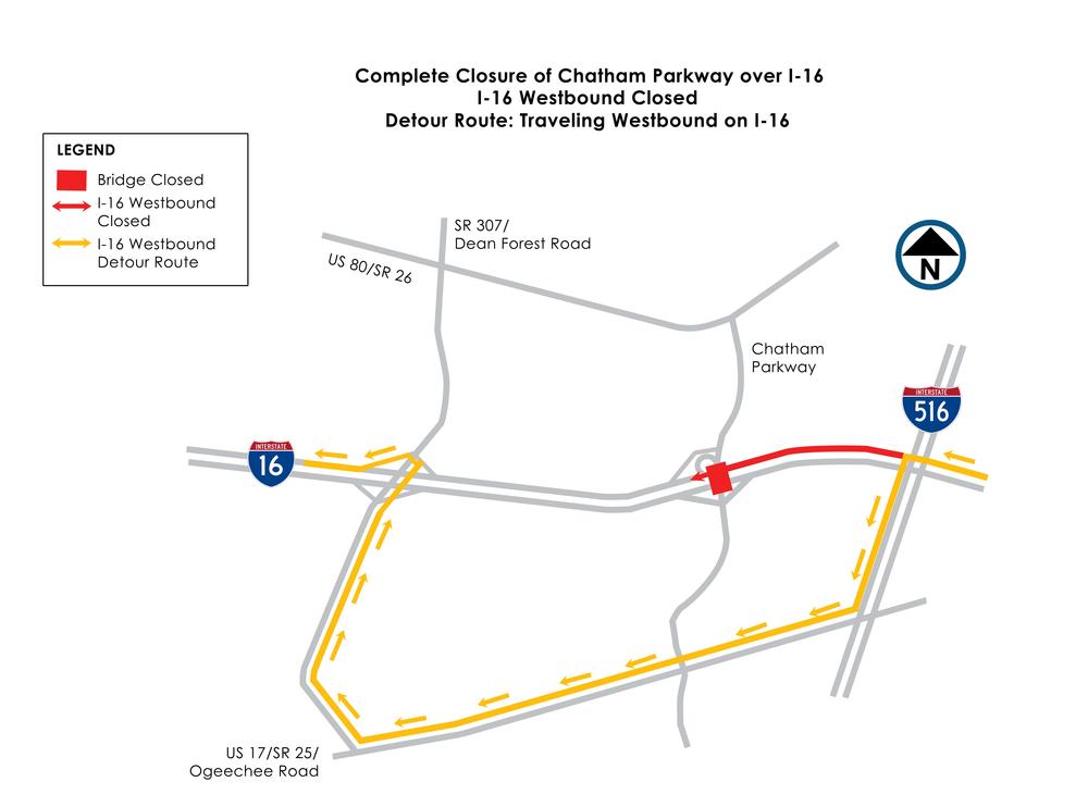 A map of detour from closed Chatham Parkway bridge
