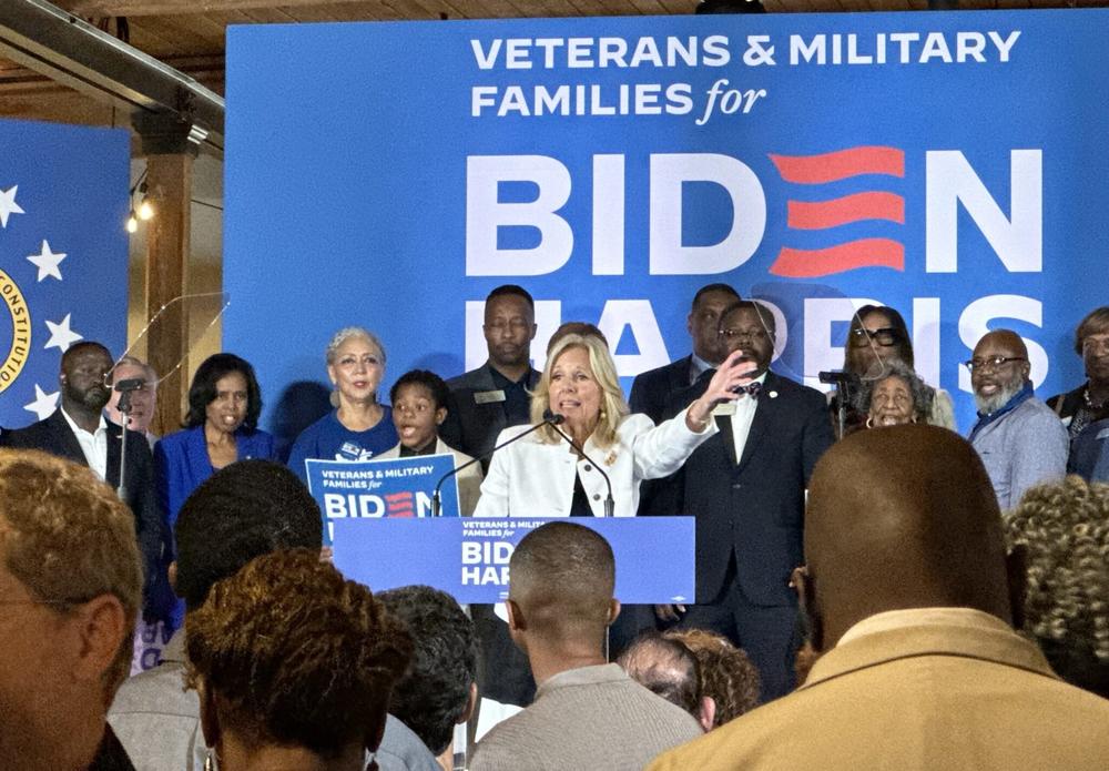  First lady Jill Biden speaks to supporters in Columbus on Monday as part of a three-stop swing in battleground states to launch Veterans and Military Families for Biden-Harris. Jill Nolin/Georgia Recorder