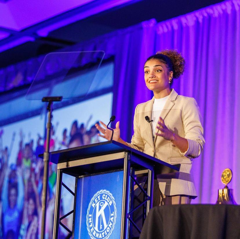 Laurie Hernandez pictured speaking at the Key Club International Convention in Atlanta on July 10, 2024. (Courtesy of Key Club International)