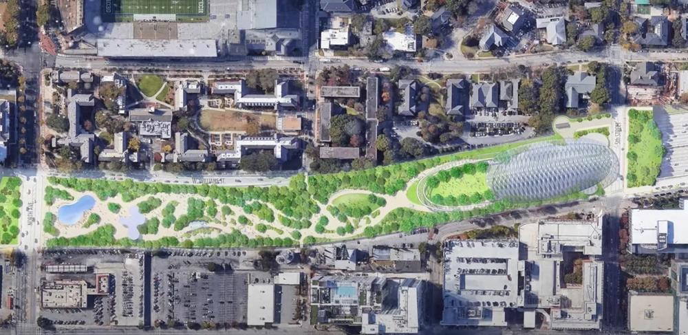 An illustration of the connector park in Midtown between North Avenue, at left, and 5th Street. The silver oval at 5th Street is of the proposed performance venue. (Image courtesy Atlanta Connector Park)