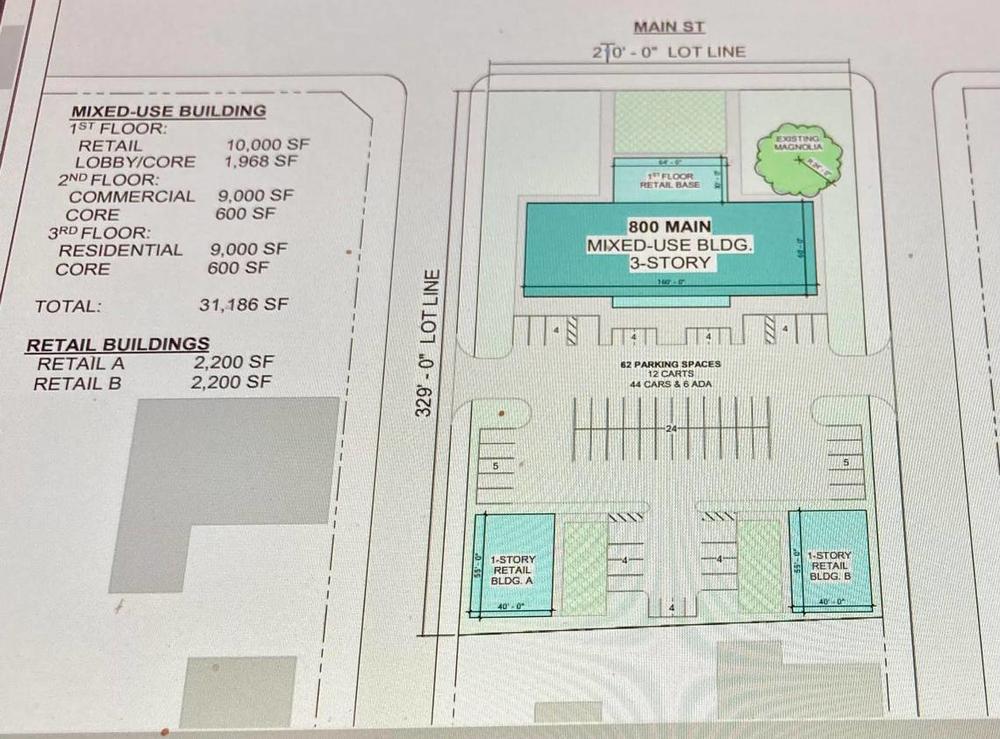 Photo of plans for a new three-story development on the New Perry Hotel site after its planned demolition. (Becky Purser/The Telegraph)