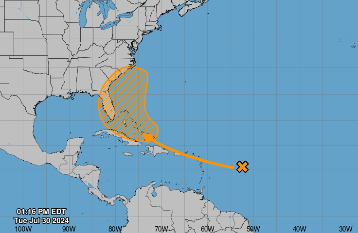 The National Hurricane Center's seven-day tropical weather outlook on July 30, 2024, at 1:16 p.m. shows the potential path of a tropical disturbance.