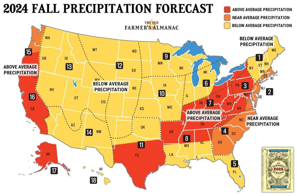 Here’s what the Old Farmer’s Almanac says about rainfall this fall. Old Farmer's Almanac