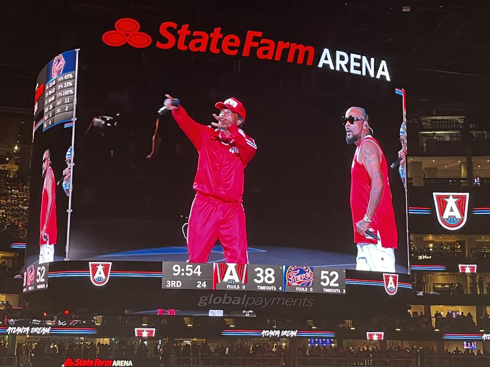 Atlanta-based hip-hop legends Goodie Mob performed during halftime at the Atlanta Dream vs Indiana Fever WNBA game in Atlanta on August 26, 2024. Peter Biello/GPB News 