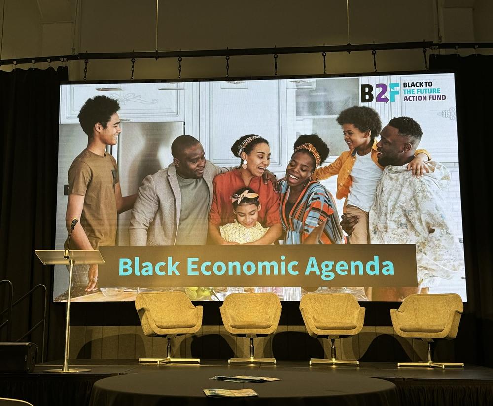 The Black to the Future Action Fund representatives and local community members pictured in Atlanta on August 8, 2024, at the release of the Black Economic Agenda. Ambria Burton/GPB News