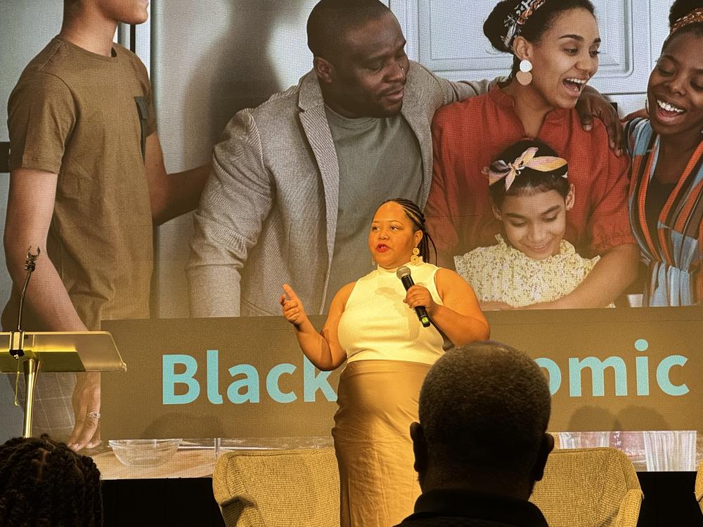 Black to the Future Action Fund President Kristi Powell speaks at the release of the Black Economic Agenda in Atlanta on August 8, 2024. Ambria Burton/GPB News