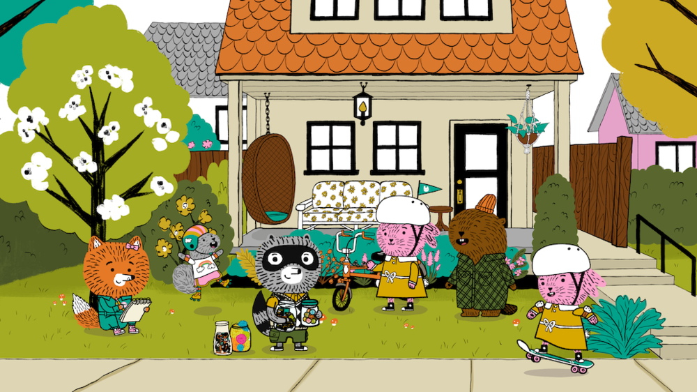Carl and friends are shown doing things they like in front of Carl's home.