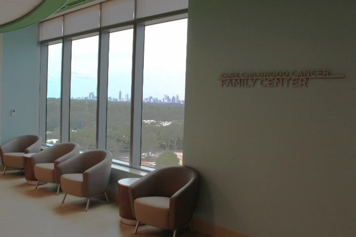 A view out the window of the Childhood Cancer Family Center at Children's Arthur M. Blank Hospital.