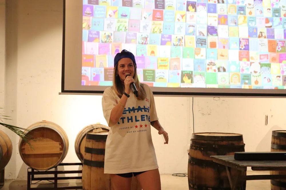 Jolene Jolene owner Chelsea Fishman talks at a recent event about showing up for women’s sports. (Provided by Jolene Jolene)