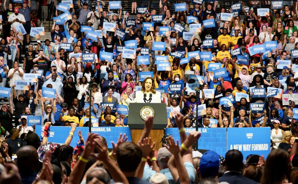 Vice President Kamala Harris speaks at a campaign rally at Enmarket Arena in Savannah on Aug. 29, 2024.