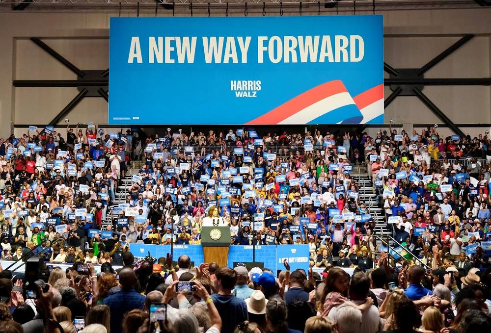 Vice President Kamala Harris speaks at Enmarket Arena in Savannah.