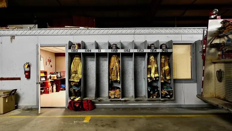 Turnout gear for firefighters lasts about 10 years, and a well-equipped firehouse should have two sets for each firefighter in case of damage. Midway Volunteer Fire Department has about 18 months left on its single set, which is about how long it takes to fill an order, says Deputy Chief Jonathan Campbell. Midway’s FY2021 budget noted a 5% increase to cover new turnout gear that has not materialized. Credit: Robin Kemp/The Current GA