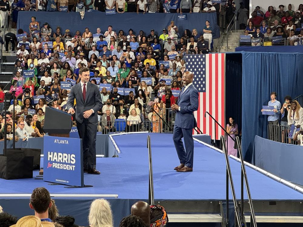Sens. Jon Ossoff and Raphael Warnock were in attendance at Vice President Kamala Harris' campaign rally in Atlanta on Tuesday, July 30, 2024. Sarah Kallis/GPB News