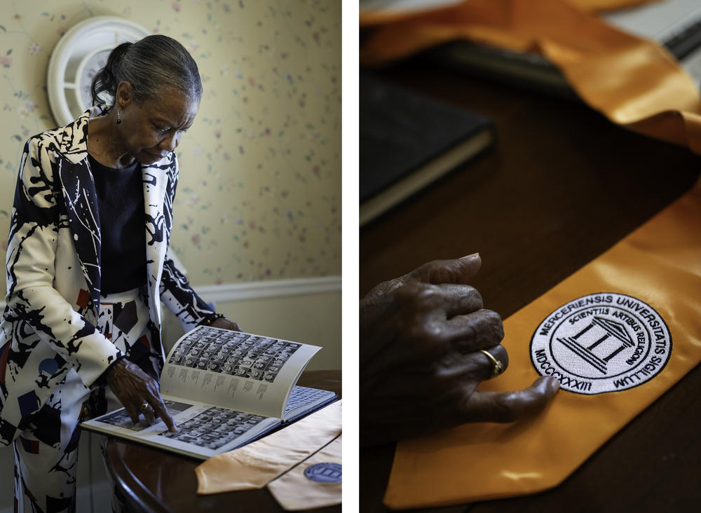 First image: Cookie looks through her 1966-67 yearbook from Mercer University in Macon, Georgia. She was among the first Black students to graduate from the private university. Second image: Cookie’s graduation regalia from Mercer.