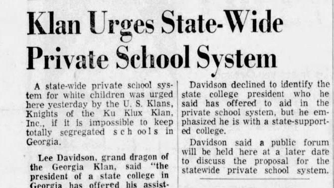  An article from The Macon Telegraph in January 1960. Two months later, the newspaper reported that a local attorney was leading the charge to create an alternative to the county school system that served Macon. 