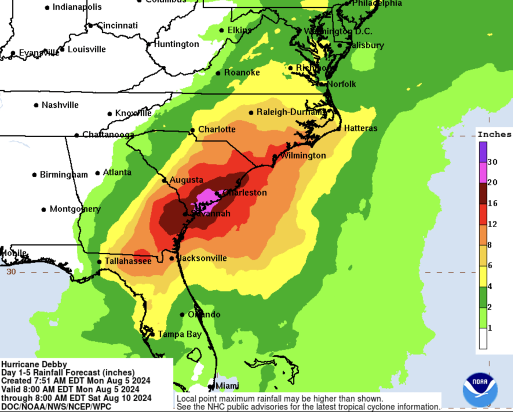 NOAA forecast: Hurricane Debby could dump up to 30 inches of rain along the coastlines of Georgia and South Carolina through Friday, Aug. 9, 2024