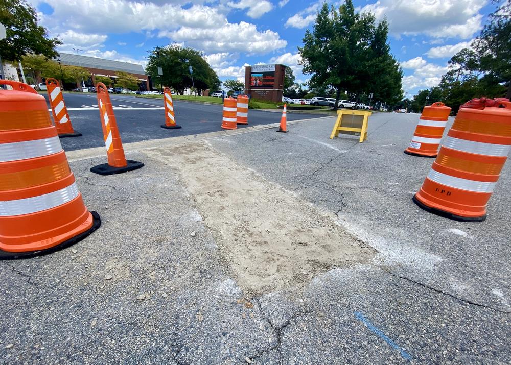 A filled-in sinkhole outside Georgia Southern University's Performing Arts Center in Statesboro on Thursday, Aug. 8, 2024.