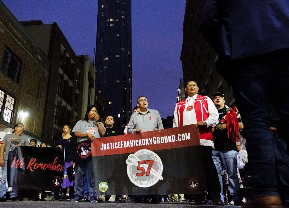 Muscogee Nation citizens marched through Downtown Atlanta to the 11th Circuit Court of Appeals before the court heard the Nation’s side of their dispute with the Poarch Band of Creek Indians over the dis-interment of 57 Muscogee ancestors.