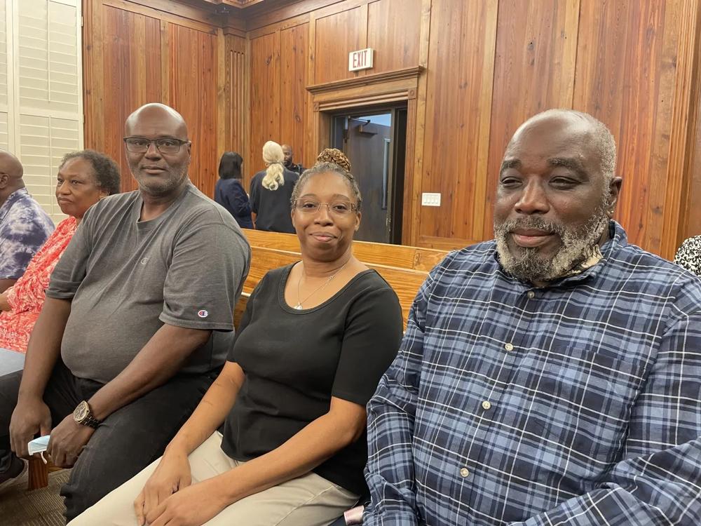 From left, Christopher Bailey, Barbara Bailey and Stanley Walker, intervenors in the Sapelo zoning case, await the hearing on Sept. 20, 2024. Credit: Mary Landers/The Current GA