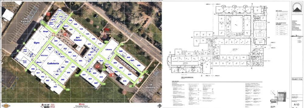 At left, a simulated school building's map rendered by Critical Response Group uses grid navigation and a standardized orientation of north facing up. At right, a traditional architectural blueprint of the same building shows what school districts without critical incident mapping use during emergencies.