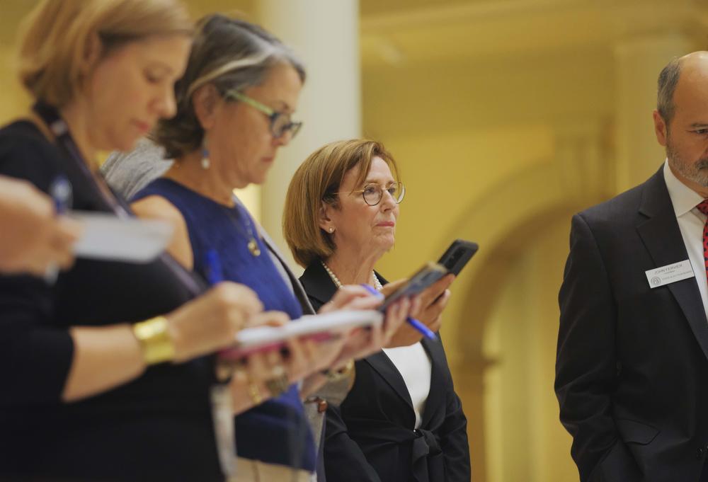 State Election Board member Janice Johnston during a recent SEB press conference. Johnston said she wanted to investigate failed voter registration challenges to understand if local election leaders are making rules that violate state law. 
