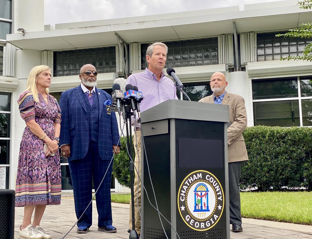 Georgia Gov. Brian Kemp speaks during a news conference in Savannah on Wednesday, Oct. 9, about the state's preparations for Hurricane Milton. 