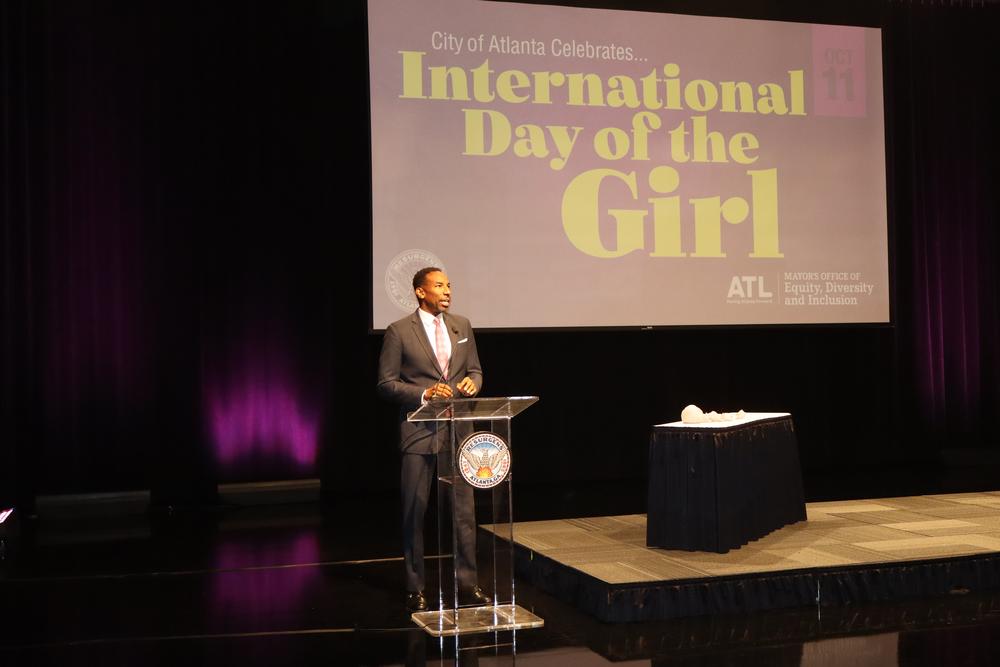 Atlanta Mayor Andre Dickens pictured speaking at the City of Atlanta’s first International Day of the Girl celebration on October 11, 2024. Ambria Burton/GPB News
